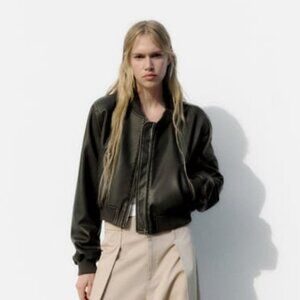 ZARA Worn effect gray brown faux leather bomber jacket - sz S